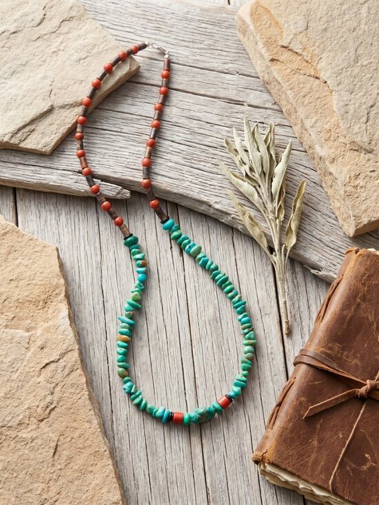 Native American Jewelry - Genuine Southwestern Native American Turquoise & Red Coral Bead Necklace